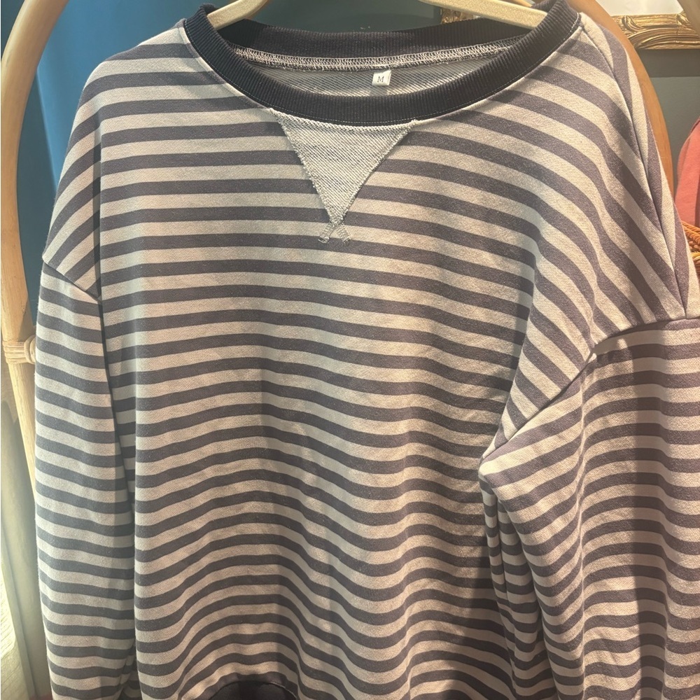 Striped Navy and Grey‎ Women's Sweatshirt Oversized Fit - Picture 2 of 5